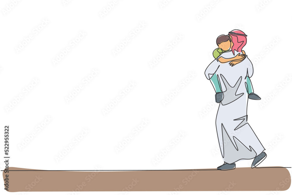 Single continuous line drawing of young Arabian father hugging and carrying his son boy go to bedroom. Islamic muslim happy family fatherhood concept. Trendy one line draw design vector illustration
