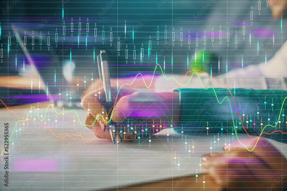 Fototapeta premium Double exposure of forex chart drawing over people taking notes background. Concept of financial analysis