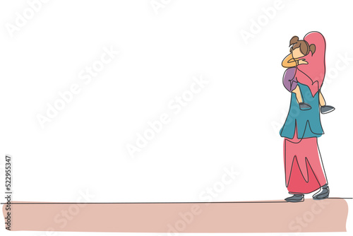 Single continuous line drawing of young Islamic daughter sleeping on mom's hug while walk to bedroom. Arabian muslim happy family motherhood concept. Trendy one line draw design vector illustration