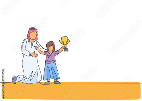 One single line drawing of young Arabian dad congratulate her daughter to win the award trophy vector illustration. Happy Islamic muslim family parenting concept. Modern continuous line draw design