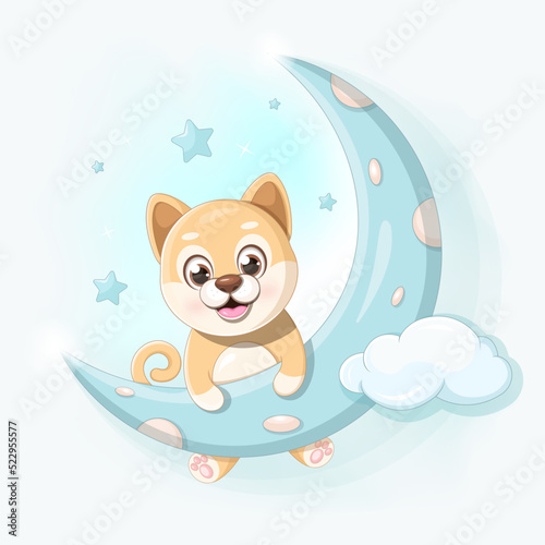 Little shiba inu dog holding on to the moon in the sky