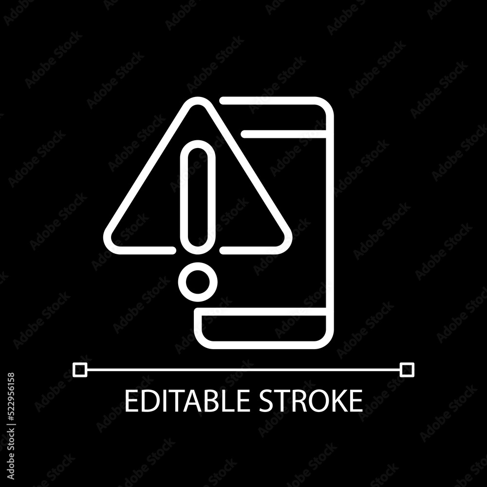 Phone warning white linear icon for dark theme. Mobile phone breakage. Smartphone touchscreen issue. Thin line illustration. Isolated symbol for night mode. Editable stroke. Arial font used Phone warning white linear icon for dark theme. Mobile phone breakage. Smartphone touchscreen issue. Thin line illustration. Isolated symbol for night mode. Editable stroke. Arial font used
