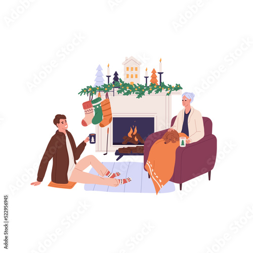 Happy grandmother and man at fireplace at Christmas. Adult son and senior elderly mother, granny by Xmas fireside at home on winter holidays. Flat vector illustration isolated on white background