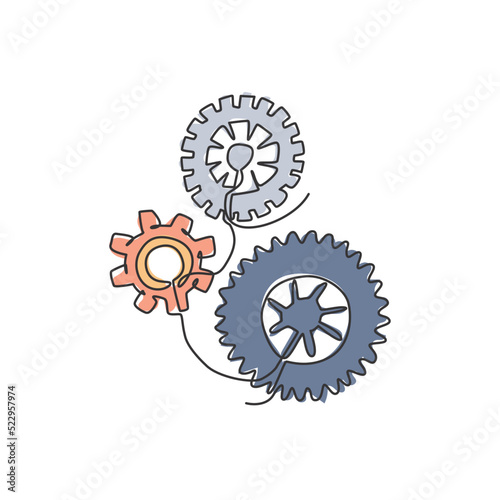 One continuous line drawing of mechanical engine gear icon logo emblem. Round wheel metal symbol logotype template for business teamwork concept. Modern single line draw design graphic illustration
