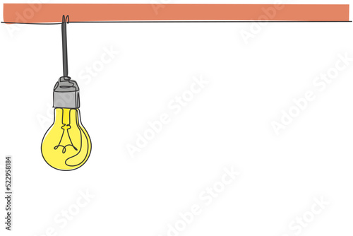 Single continuous line drawing of light bulb hang on house ceiling rooftop. Power up creativity logotype symbol template concept. Dynamic one line draw graphic vector illustration for interior design