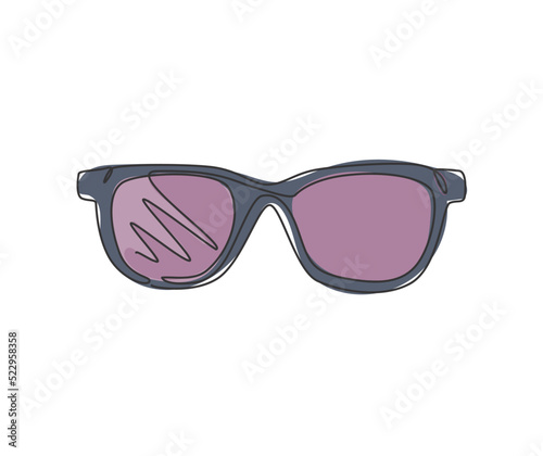 One continuous line drawing of trendy sunglasses logo emblem. Clean glasses for optical shop logotype icon template concept. Modern single line draw graphic design vector illustration