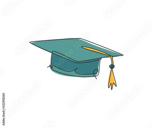 One continuous line drawing of graduation hat logo emblem. Study graduating cap logotype icon template concept. Trendy single line draw graphic design vector illustration