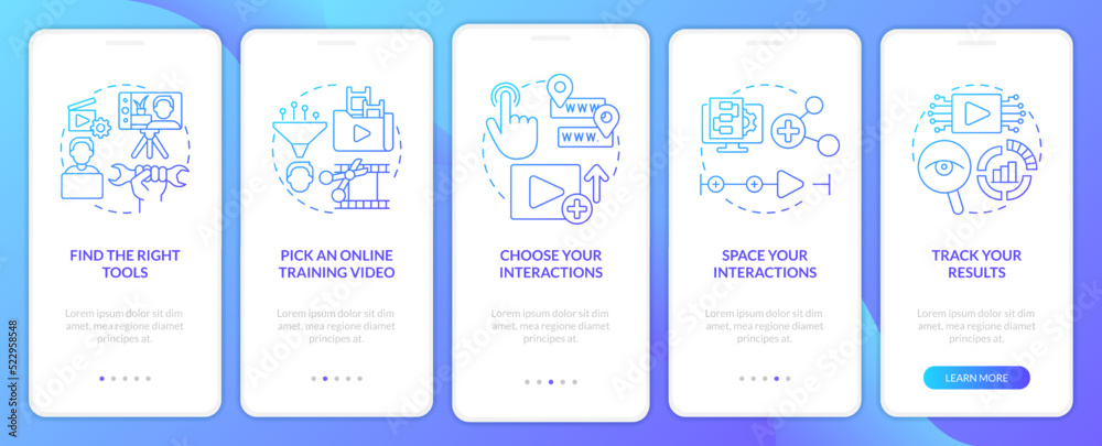 Creating educational video blue gradient onboarding mobile app screen. Walkthrough 5 steps graphic instructions with linear concepts. UI, UX, GUI template. Myriad Pro-Bold, Regular fonts used