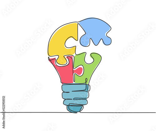 One single line drawing of light bulb with pieces of puzzles forming logo identity. Teamwork smart company logotype icon template concept. Continuous line draw design graphic vector illustration
