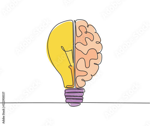 Single continuous line drawing of half light bulb and half human brain logo label. Smart power and psychological company icon label concept. Trendy one line draw graphic design vector illustration