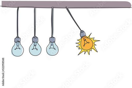 One continuous line drawing of pendulum light bulb swinging ready to break other bulb logo emblem. Suitable for wall poster concept. Trendy single line draw graphic design vector illustration