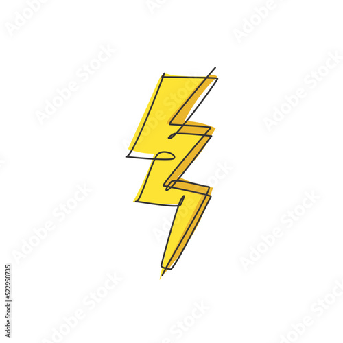 One continuous line drawing of thunder bolt light logo emblem. Power up electricity logotype icon template concept. Modern single line draw graphic design vector illustration
