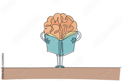 Single continuous line drawing of human brain standing and reading book for public library logo label. Smart character logotype icon concept. Modern one line draw graphic design vector illustration