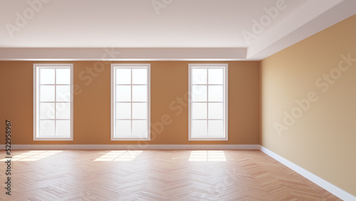 Beautiful Interior Concept of the Empty Beige Room with a White Ceiling and Cornice, Glossy Herringbone Parquet Floor, Three Large Windows and a White Plinth. 3d rendering, 8K Ultra HD, 7680x4320