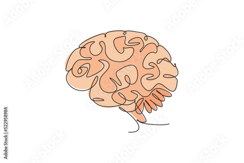 One single line drawing of smart human brain from side view logo identity. Genius idea for brain medical health icon logotype concept. Dynamic continuous line draw design vector graphic illustration