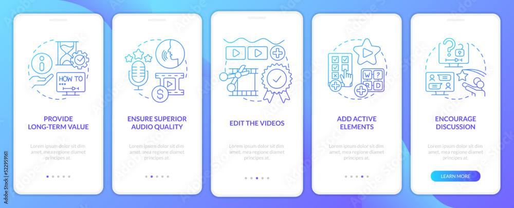 Naklejka premium Elearning video tips blue gradient onboarding mobile app screen. Walkthrough 5 steps graphic instructions with linear concepts. UI, UX, GUI template. Myriad Pro-Bold, Regular fonts used