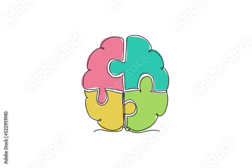 One single line drawing of human braid forming from piece of puzzles logo identity. Smart psychological office icon logotype concept. Dynamic continuous line draw design vector graphic illustration