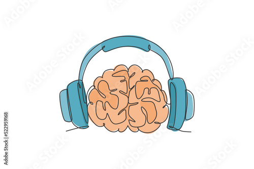 Single continuous line drawing of human brain listening music beat for musical company logo label. Smart audio dj logotype icon concept. Modern one line draw graphic design vector illustration