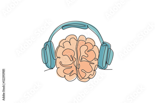 One continuous line drawing of human brain listening to music using wire headphone logo icon. Smart dj logotype symbol template concept. Trendy single line draw graphic design vector illustration