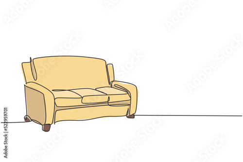 Single continuous line drawing of luxury comfortable sofa household furniture. Living room couch home appliance concept. Modern one line draw design graphic vector illustration