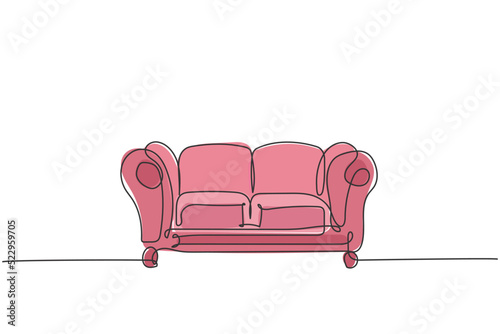 One single line drawing of expensive luxury leather sofa home appliance. Comfortable couch for living room, furniture concept. Dynamic continuous line draw design graphic vector illustration