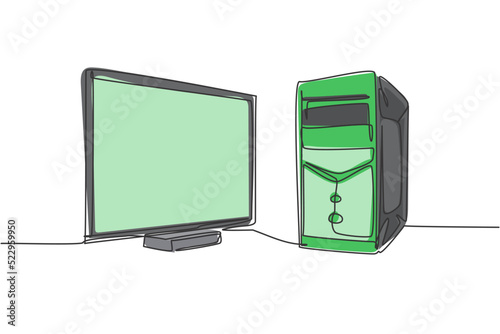 Single continuous line drawing of cpu computer and screen monitor for supporting business. Electronic small home business equipment concept. Modern one line draw design graphic vector illustration