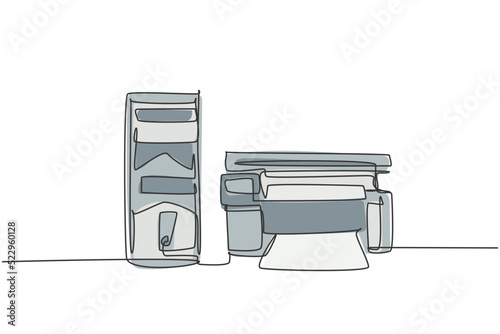 One single line drawing of cpu computer and printer to support business at company. Electricity small home office equipment tools concept. Dynamic continuous line draw vector design illustration