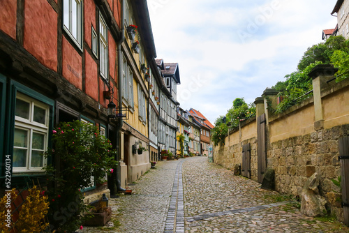 Narrow lane in Quedlinburg  Germany with Half-Timbered Houses