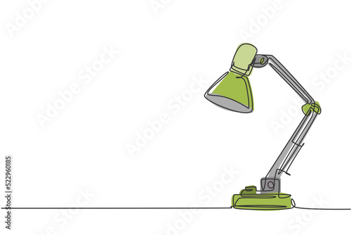 One continuous line drawing of electric metal flexible desk lamp home appliance. Electricity table lamp furniture household concept. Trendy single line draw design vector graphic illustration