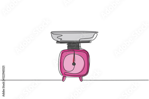 Single continuous line drawing of classic kitchen scale for scaling ingredients. Kitchenware home appliance concept. Modern one line draw design graphic vector illustration