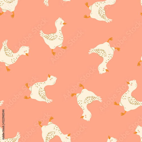 Cute goose or duck vector seamless pattern. Cartoon domestic bird, farm poultry, fowl, waterfowl. Vector children texture for textile, print, fabric. Farming, agriculture, country life