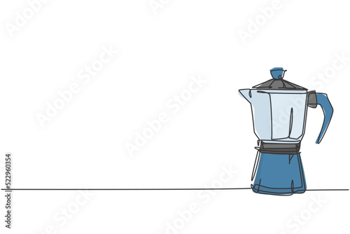 One single line drawing of coffeepot above the table at cafe. Electricity coffee drink maker tools concept. Dynamic continuous line graphic draw vector design illustration