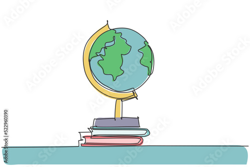 Single one line drawing of world globe. Round map above books pile icon silhouette education concept. Infographics, school presentation isolated on white background. Design vector graphic illustration