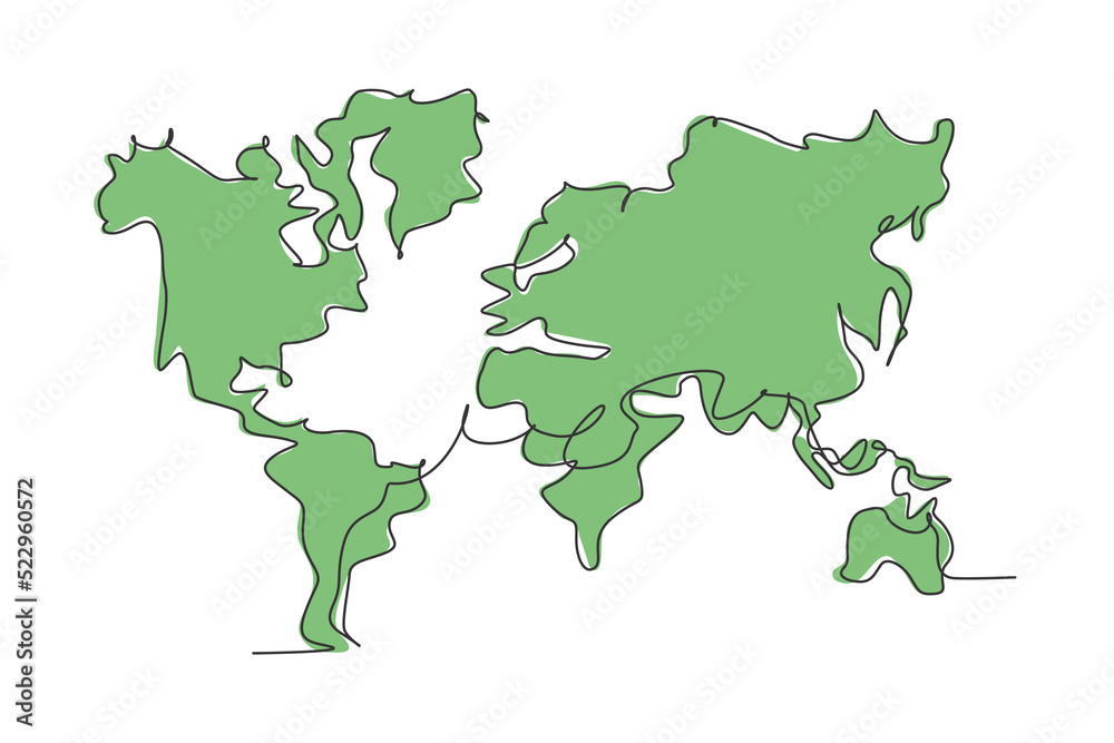 World atlas. Continuous one line drawing of world map minimalist vector illustration design on white background. Isolated simple line modern graphic style. Hand drawn graphic concept for education