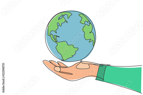 Single one line drawing of hands hold round earth. Globe icon silhouette for world protect concept. Infographics, business presentation isolated on white background. Design vector graphic illustration