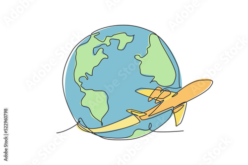 Airplane flying around the earth. Single continuous line world globe map graphic icon. Simple one line doodle for traveling concept. Isolated vector illustration minimalist design on white background