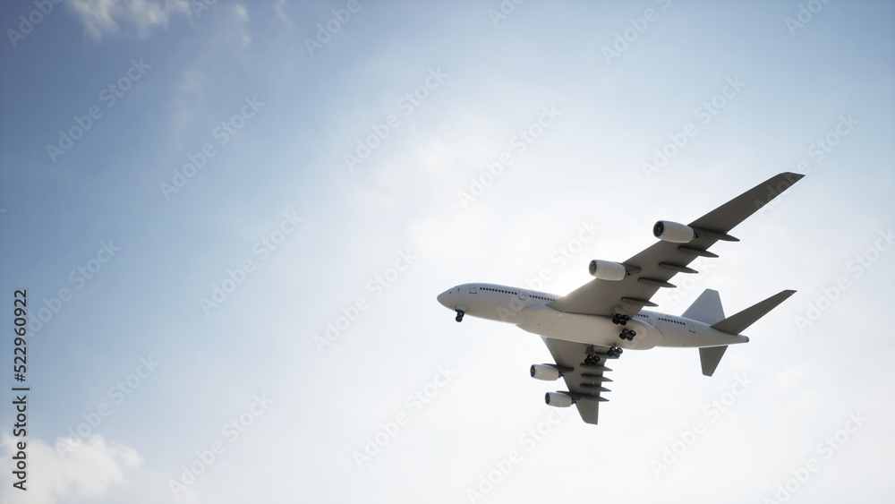 Conceptual flying white passenger jetliner or commercial plane after take off rising over a beautiful sky background. 3D illustration for jet transportation, travel industry or modern freedom concept