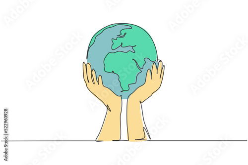 Hands hold earth. Single continuous line world global map graphic icon. Simple one line doodle for non profit organization concept. Isolated vector illustration minimalist design on white background