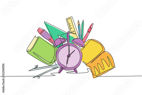 Single continuous line drawing of alarm clock with book, pencil, pen, ruler, compass set. Back to school minimalist style. Education concept. Modern one line draw graphic design vector illustration