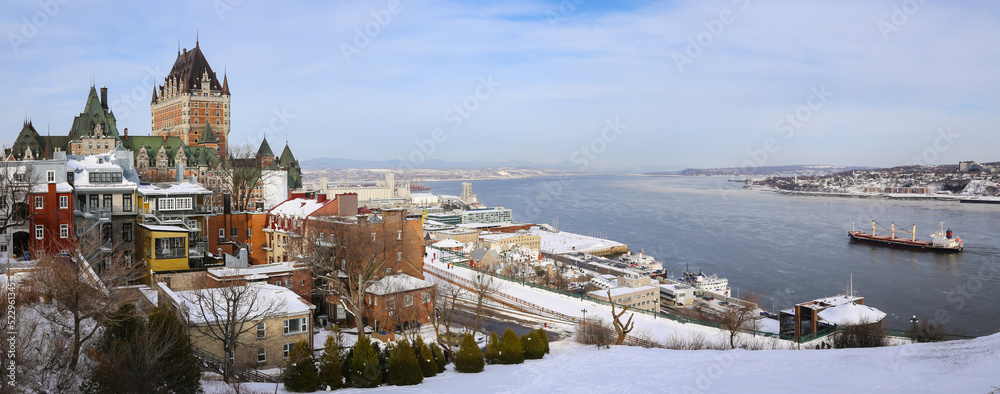 Winter view of Château Frontenac and Saint Lawrence River in Quebec City, Canada