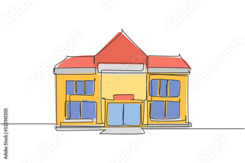 Continuous one line drawing elementary school building at the small city. Back to school hand drawn minimalism concept. Single line draw design for education vector graphic illustration