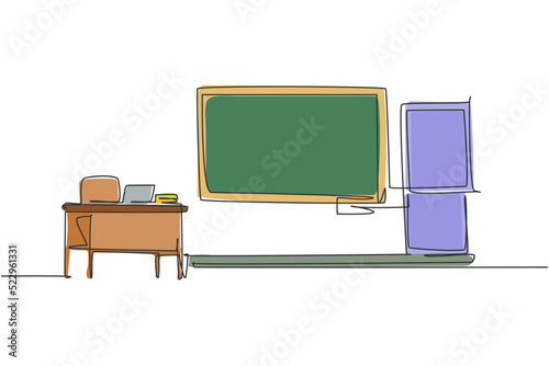 Single continuous line drawing school classroom interior with blackboard in front of class. Back to school minimalist style. Education concept. Modern one line draw graphic design vector illustration