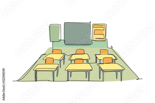 Continuous one line drawing of kindergarten school classroom interior. Back to school hand drawn minimalism concept. Single line draw design for education vector graphic illustration