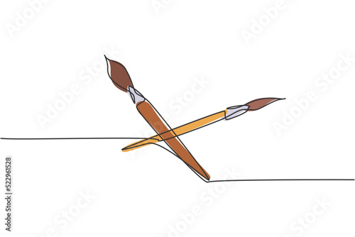 Single one line drawing of pair paintbrush for drawing lesson with watercolor. Back to school minimalist, education concept. Continuous simple line draw style design graphic vector illustration