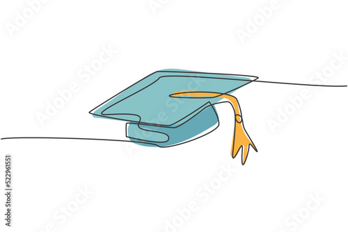 Single continuous line drawing of gown graduation uniform set. Graduation hat for bachelor. Back to school minimalist style. Education concept. Modern one line draw graphic design vector illustration