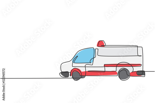 Continuous one line drawing of hospital ambulance car. Rescuer transportation vehicle for first emergency hand drawn minimalist concept. Modern single line draw design vector graphic illustration