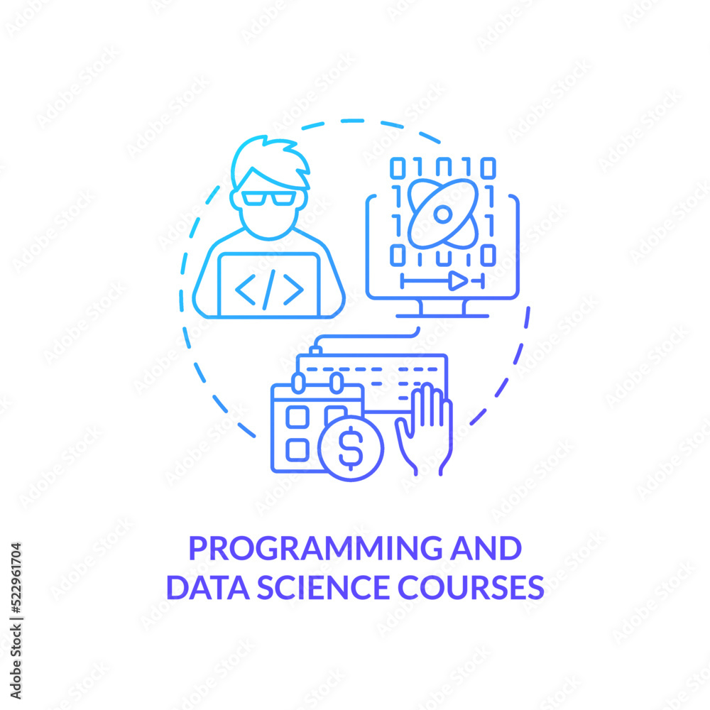 Programming and data science courses blue gradient concept icon. Career development. Online education idea abstract idea thin line illustration. Isolated outline drawing. Myriad Pro-Bold font used Programming and data science courses blue gradient concept icon. Career development. Online education idea abstract idea thin line illustration. Isolated outline drawing. Myriad Pro-Bold font used