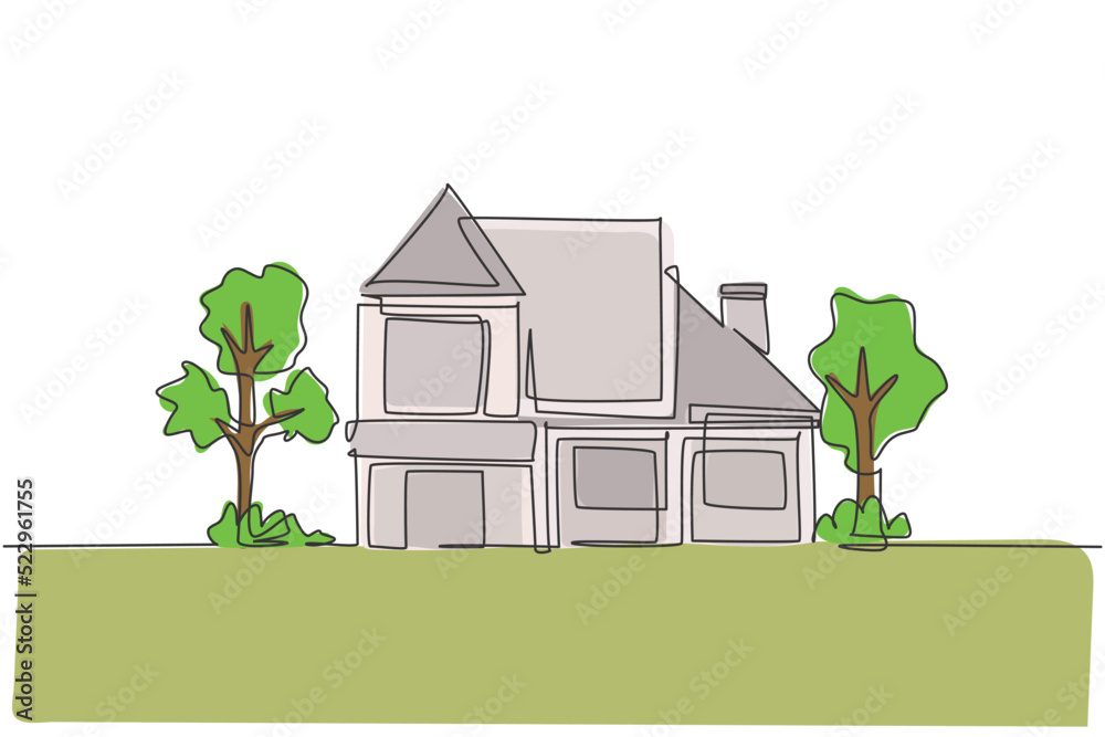 Single one line drawing of eco friendly house construction building. Home architectural property isolated doodle minimal concept. Trendy continuous line draw design graphic vector illustration Single one line drawing of eco friendly house construction building. Home architectural property isolated doodle minimal concept. Trendy continuous line draw design graphic vector illustration