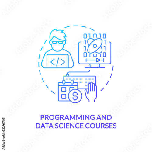 Programming and data science courses blue gradient concept icon. Career development. Online education idea abstract idea thin line illustration. Isolated outline drawing. Myriad Pro-Bold font used