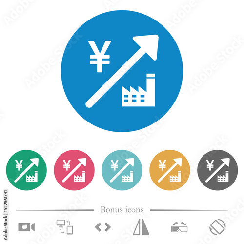 Rising power plant japanese Yen prices flat round icons
